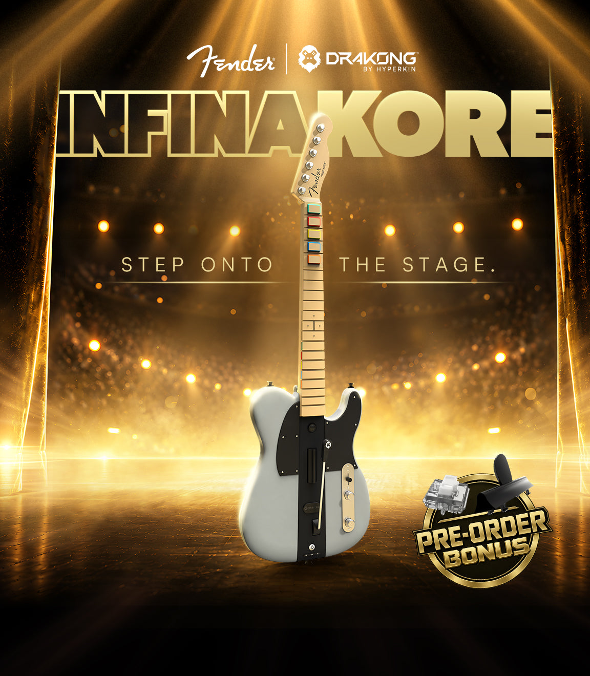 InfinaKore Fender Telecaster guitar controller standing on a spotlit gold stage, with the Fender and Drakong by Hyperkin logos and a pre-order bonus badge