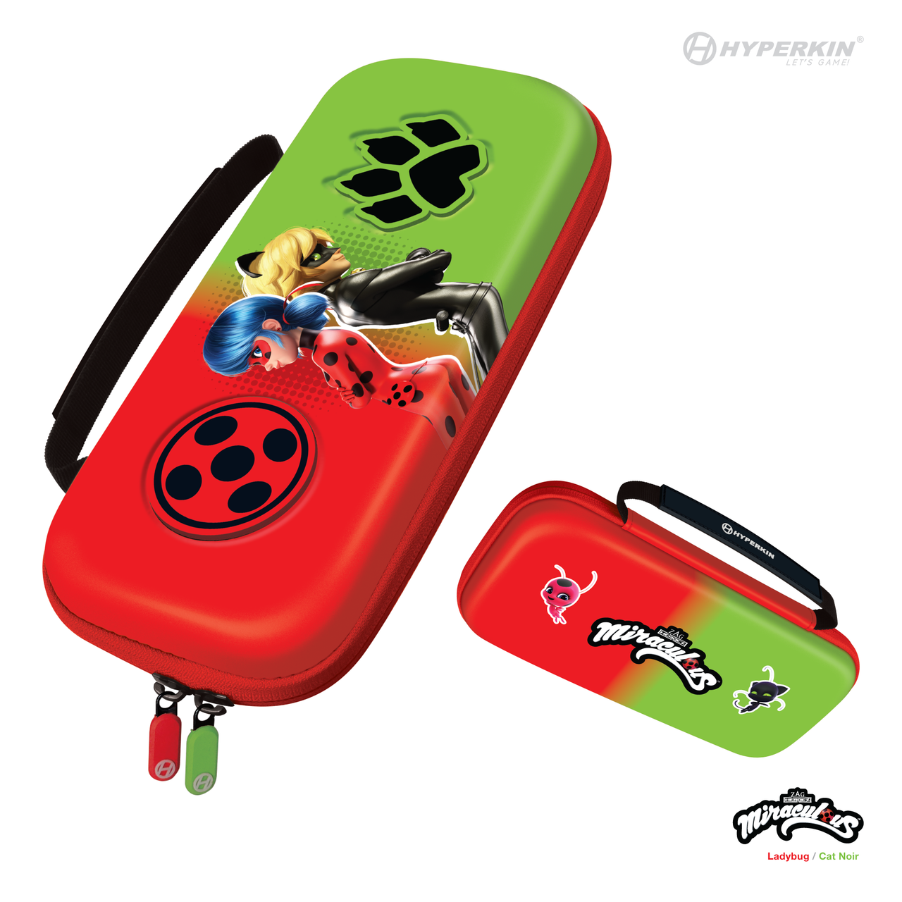 A red and green hard shell carrying case with a graphic of a character on the top and a logo on the bottom, designed for a portable game console.