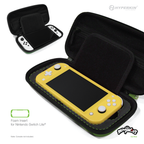 Hyperkin foam insert carrying case for Nintendo Switch Lite, featuring black design with green stitching, zippered compartment, and yellow console inside (console not included), with Miraculous Cat Noir branding.