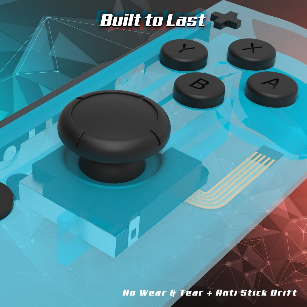 Close-up of TMR joystick replacement for Nintendo Switch controller, showing labeled buttons X, Y, A, B. Highlights durability and anti-stick drift features with 'Built to Last' and 'No Wear & Tear' messaging. Ideal for Switch, OLED, and Lite joystick upgrades.