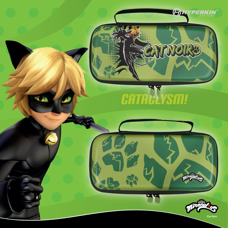 Hyperkin Cat Noir themed carrying case for gaming consoles, featuring green design with black and yellow accents, dynamic Cat Noir artwork, and text 'CAT NOIR' and 'CATACLYSM!' from Miraculous Ladybug.