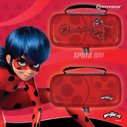 Promotional image showcasing Hyperkin Ladybug carrying case for Nintendo Switch Lite, inspired by "Miraculous: Tales of Ladybug & Cat Noir." Features two red cases with black polka dotsâ€”one with Ladybugâ€™s graphic and name, the other with the Miraculous logo. Background includes an illustration of Ladybug in her red and black superhero costume with the phrase "Spots On!"