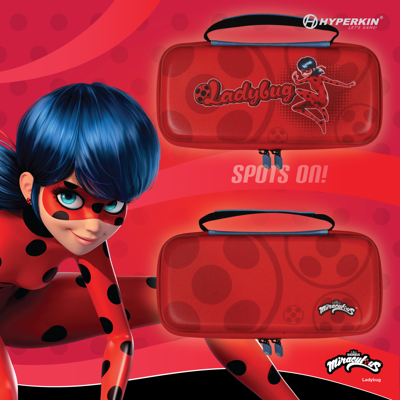 Promotional image showcasing Hyperkin Ladybug carrying case for Nintendo Switch Lite, inspired by "Miraculous: Tales of Ladybug & Cat Noir." Features two red cases with black polka dots—one with Ladybug’s graphic and name, the other with the Miraculous logo. Background includes an illustration of Ladybug in her red and black superhero costume with the phrase "Spots On!"
