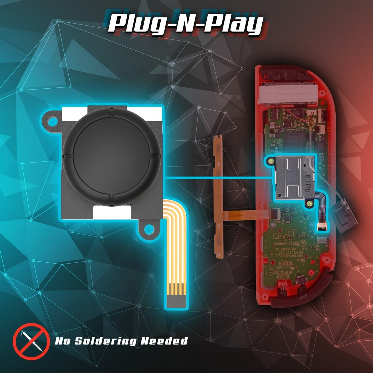 Plug-and-play TMR joystick replacement for Nintendo Switch, Switch OLED, and Switch Lite. Highlights easy installation with no soldering required and direct connection to the controller's circuit board. Ideal for DIY joystick repair and drift-free upgrade.