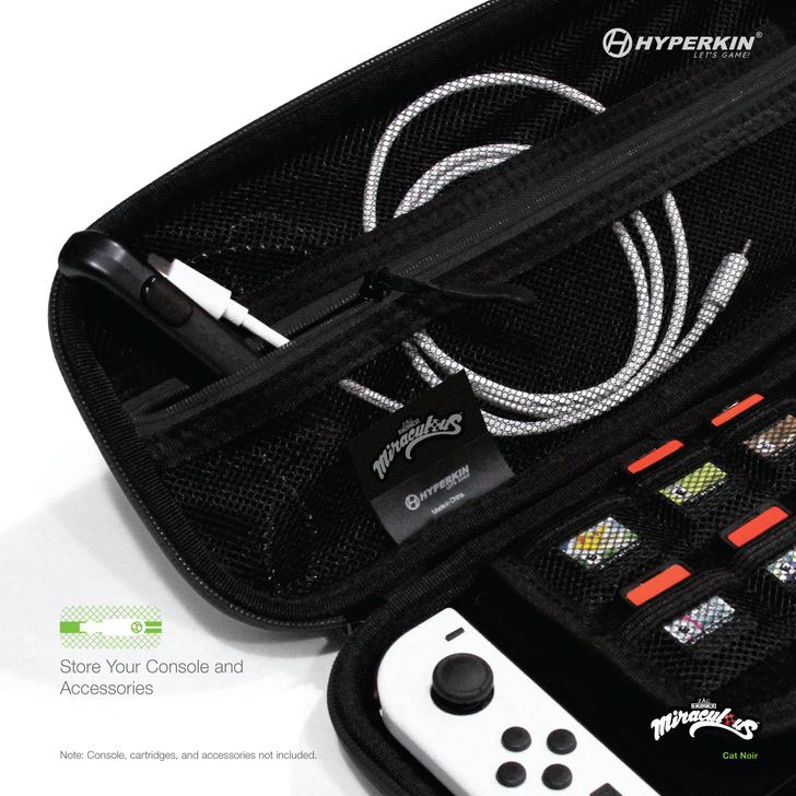 Hyperkin black carrying case for gaming console and accessories, featuring mesh pocket with charging cable, cartridge slots, and partially visible white controller (console and accessories not included).