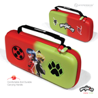 Hyperkin Miraculous Ladybug and Cat Noir themed gaming console carrying case with durable handle, red and green design, and character artwork featuring Ladybug, Cat Noir, and Miraculous logo.