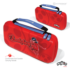Two red Hyperkin carrying cases for Nintendo Switch Lite featuring Ladybug designs from the animated series "Miraculous Ladybug." One case showcases the superhero Ladybug with bold red text, while the other displays a ladybug spot pattern and the official Miraculous Ladybug logo. Both cases include durable blue and black handles for comfortable carrying.