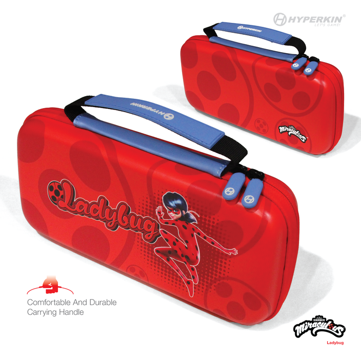 Two red Hyperkin carrying cases for Nintendo Switch Lite featuring Ladybug designs from the animated series "Miraculous Ladybug." One case showcases the superhero Ladybug with bold red text, while the other displays a ladybug spot pattern and the official Miraculous Ladybug logo. Both cases include durable blue and black handles for comfortable carrying.