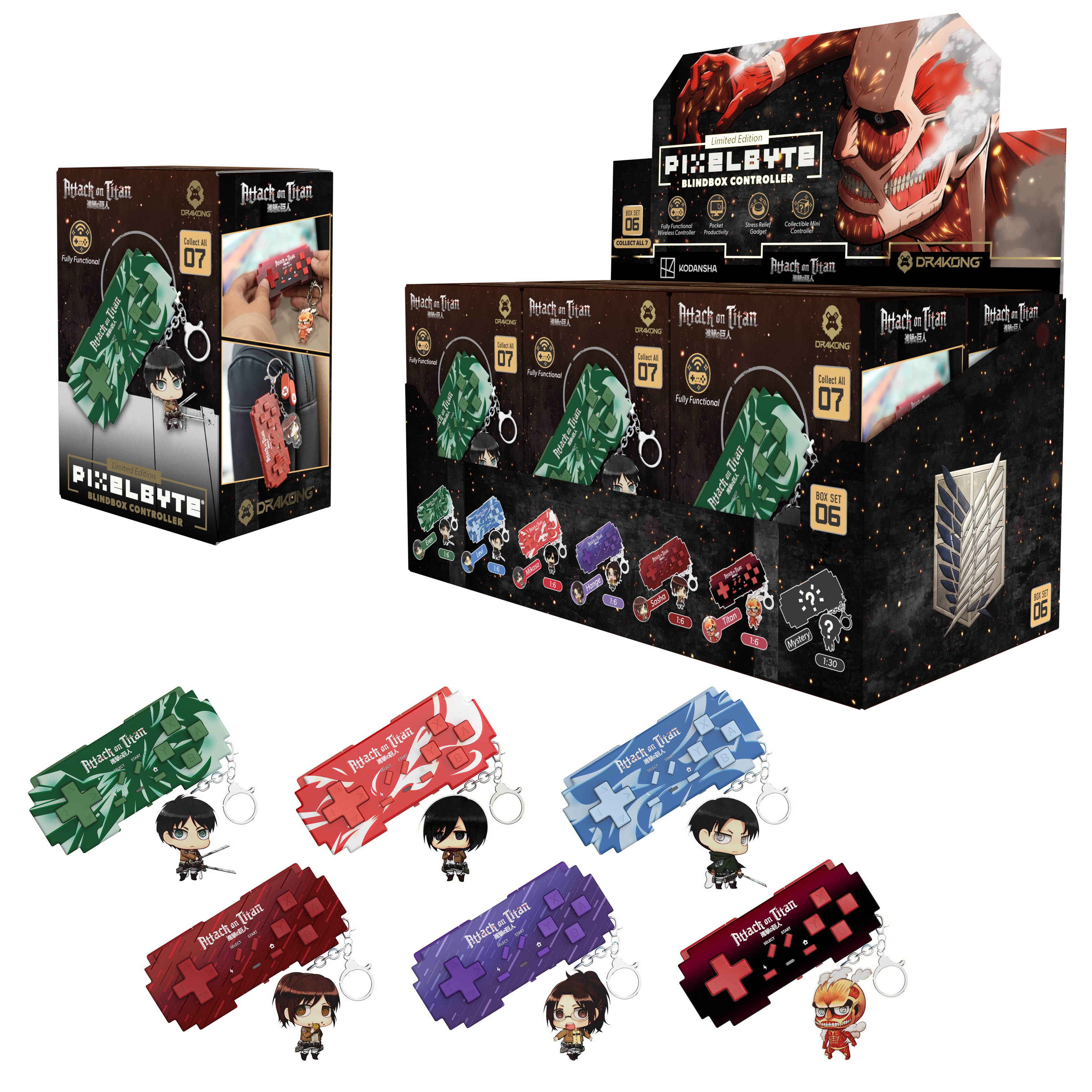 A display of PixelByte anime keychain blind boxes and loose keychains from Attack on Titan, featuring various character designs and colors on a clean white background.
