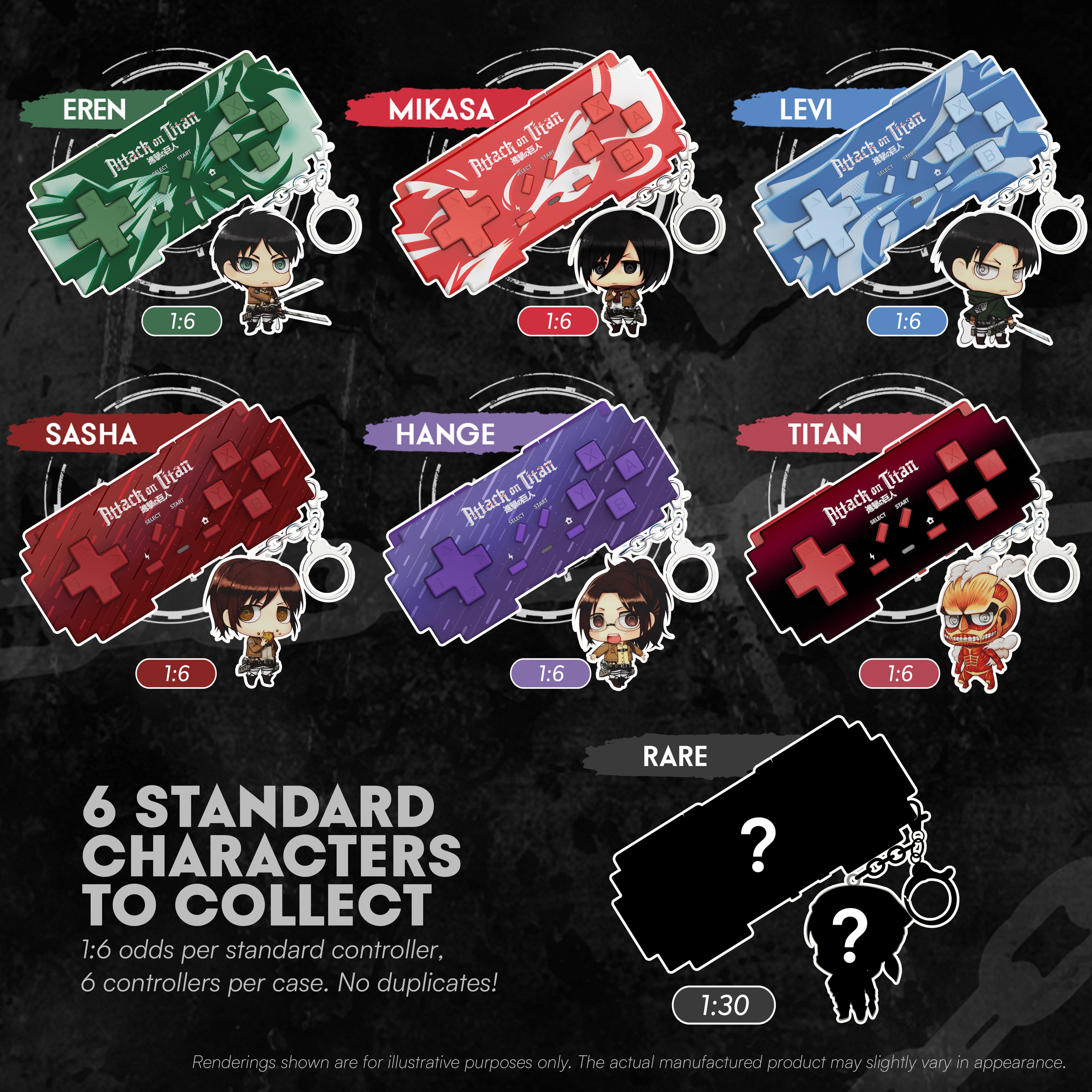 A promotional graphic showing six character-shaped rectangular collectible items with keychains, labeled EREN, MIKASA, LEVI, SASHA, HANOE, TITAN, plus a rare mystery pack. The items come in green, red, blue, and purple colorways with anime-style character illustrations and text reading 'Blind of Fate.