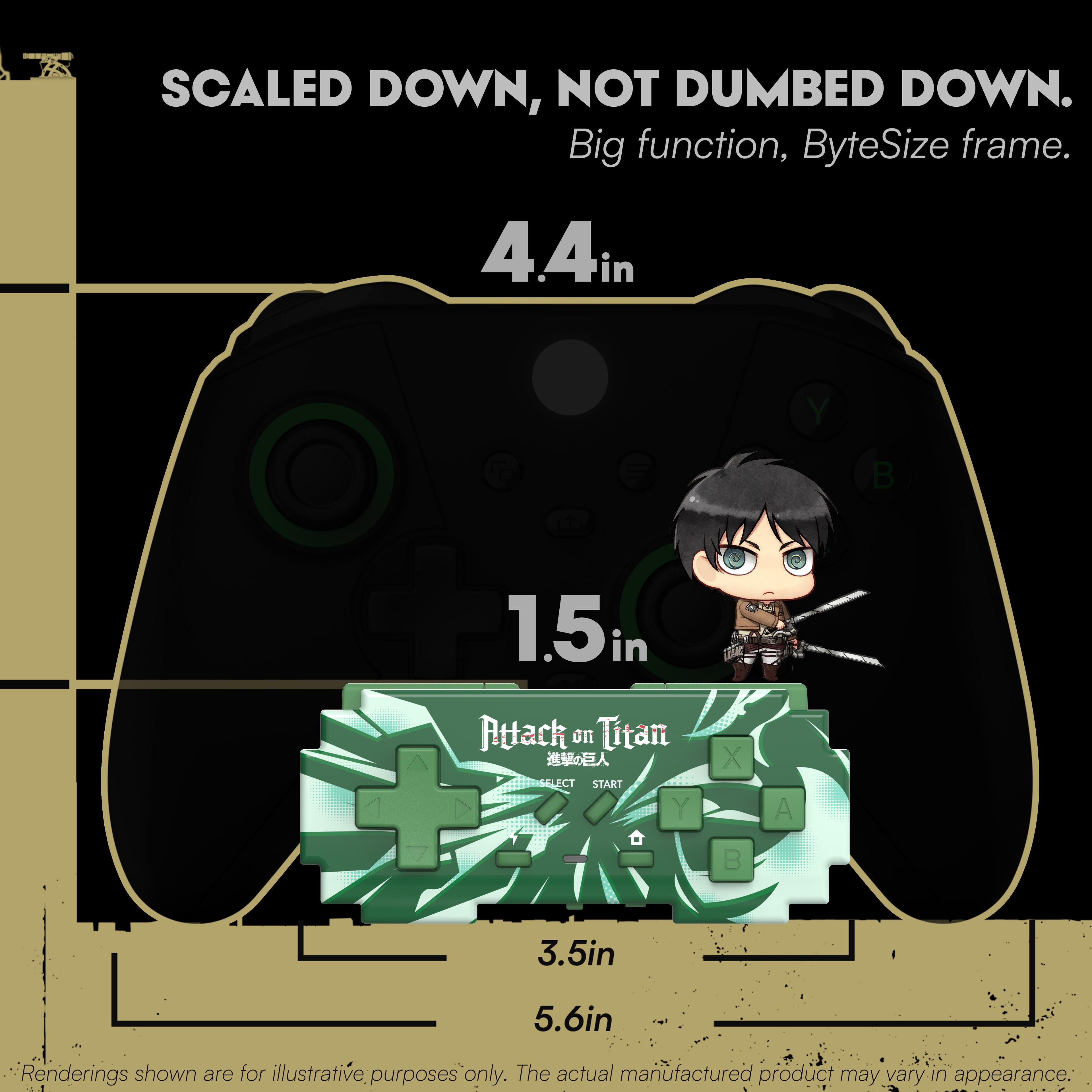 A promotional graphic showing a stylized game controller outline with dimension labels for a Attack on Titan themed controller. The product area includes a green camouflage-style faceplate with controller buttons and a small chibi character figure.