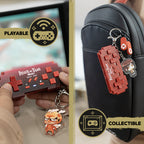 Attack on Titan red mini controller in use as a playable Switch controller and clipped to a bag as a collectible keychain