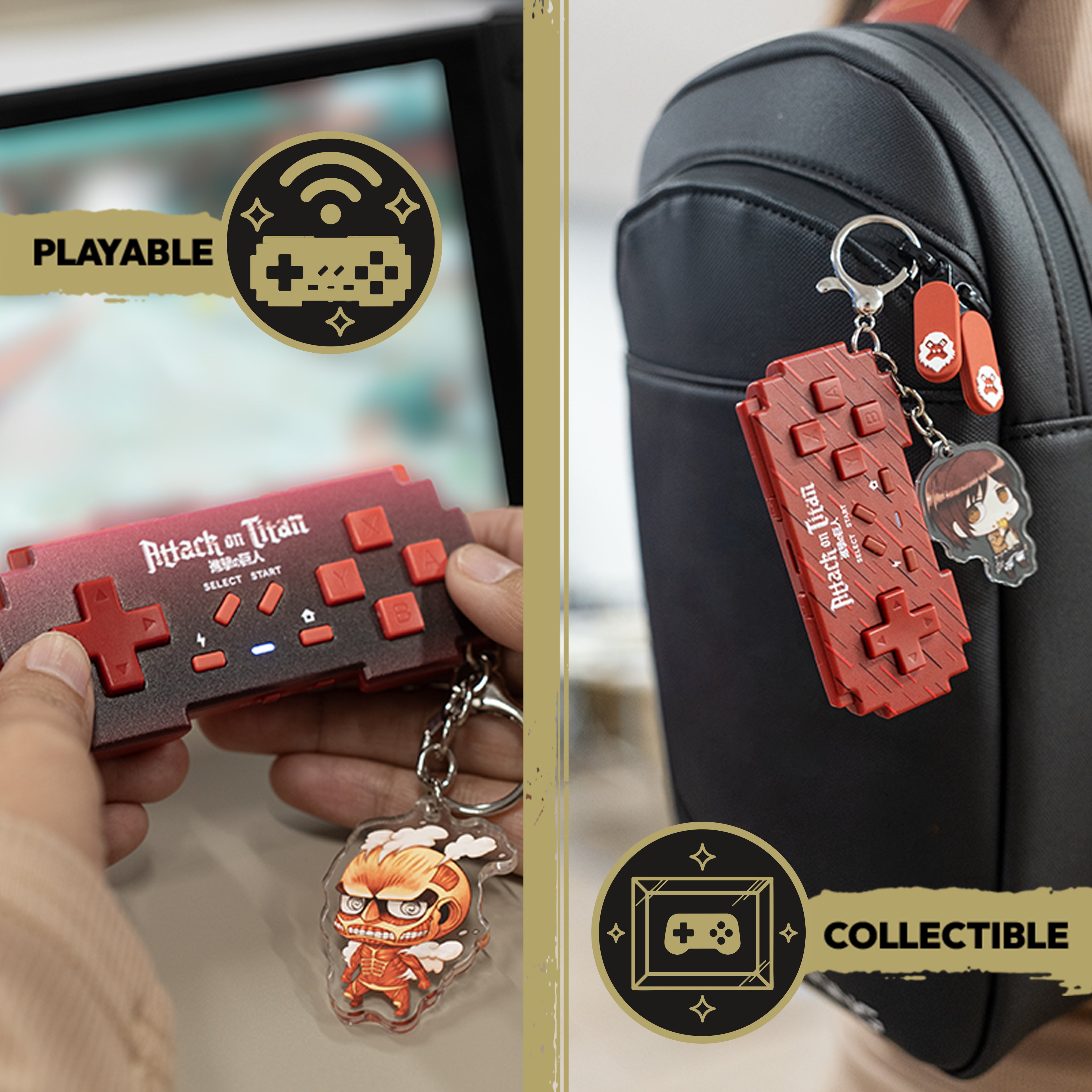 Attack on Titan themed keychain and bag charm set shown in a split lifestyle/product presentation. Left side shows hands holding a red retro game controller-shaped keychain with a chibi anime character charm and a screen in the background.