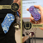 Attack on Titan Levi blue controller keychain clipped to a pocket and Hange purple controller held in hand as a functional mini controller