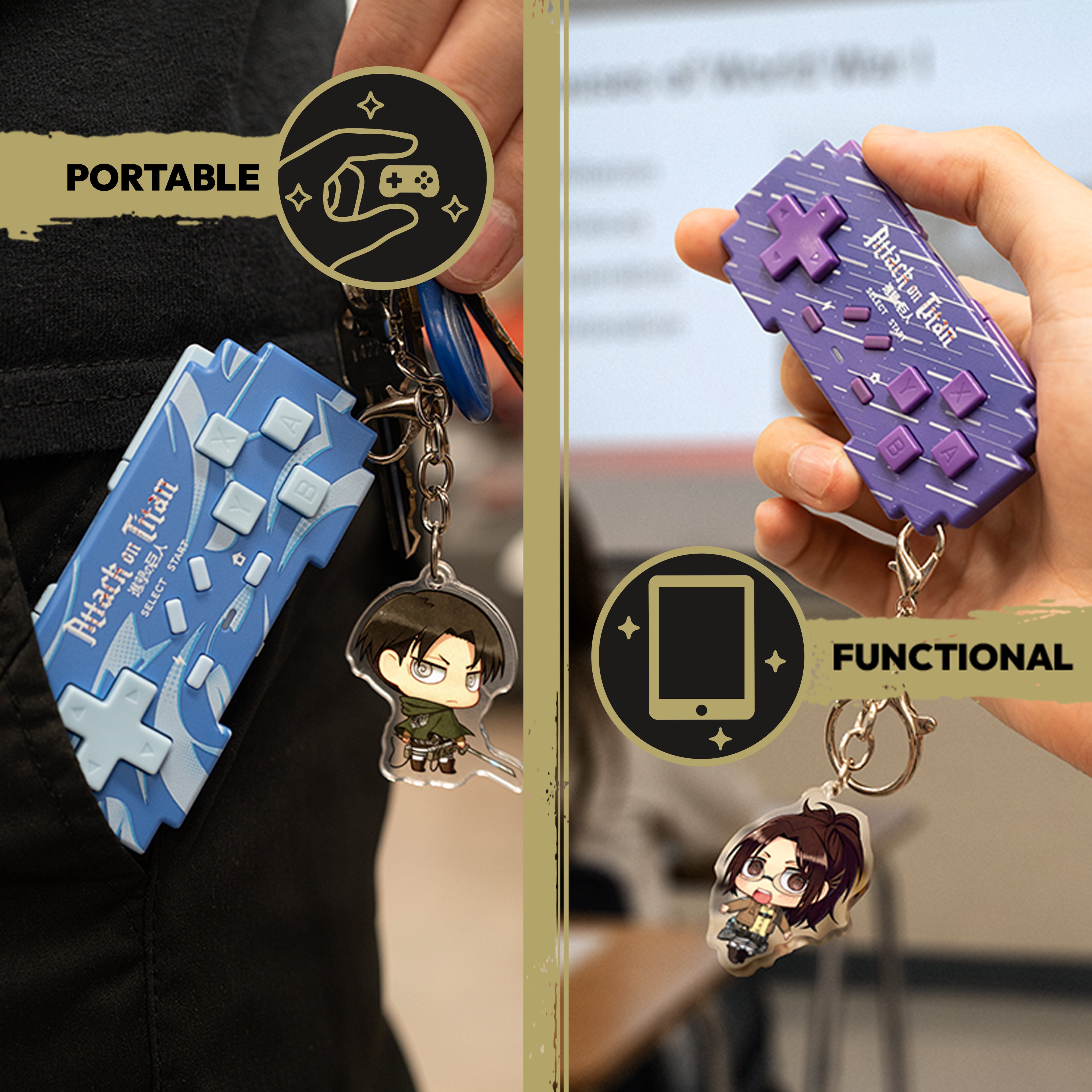 A split comparison showing two handheld game controller-shaped keychains with anime character charms. The left side shows a blue controller keychain labeled 'PORTABLE' worn on a person's waist, and the right side shows a purple controller keychain labeled 'FUNCTIONAL' held in a hand.