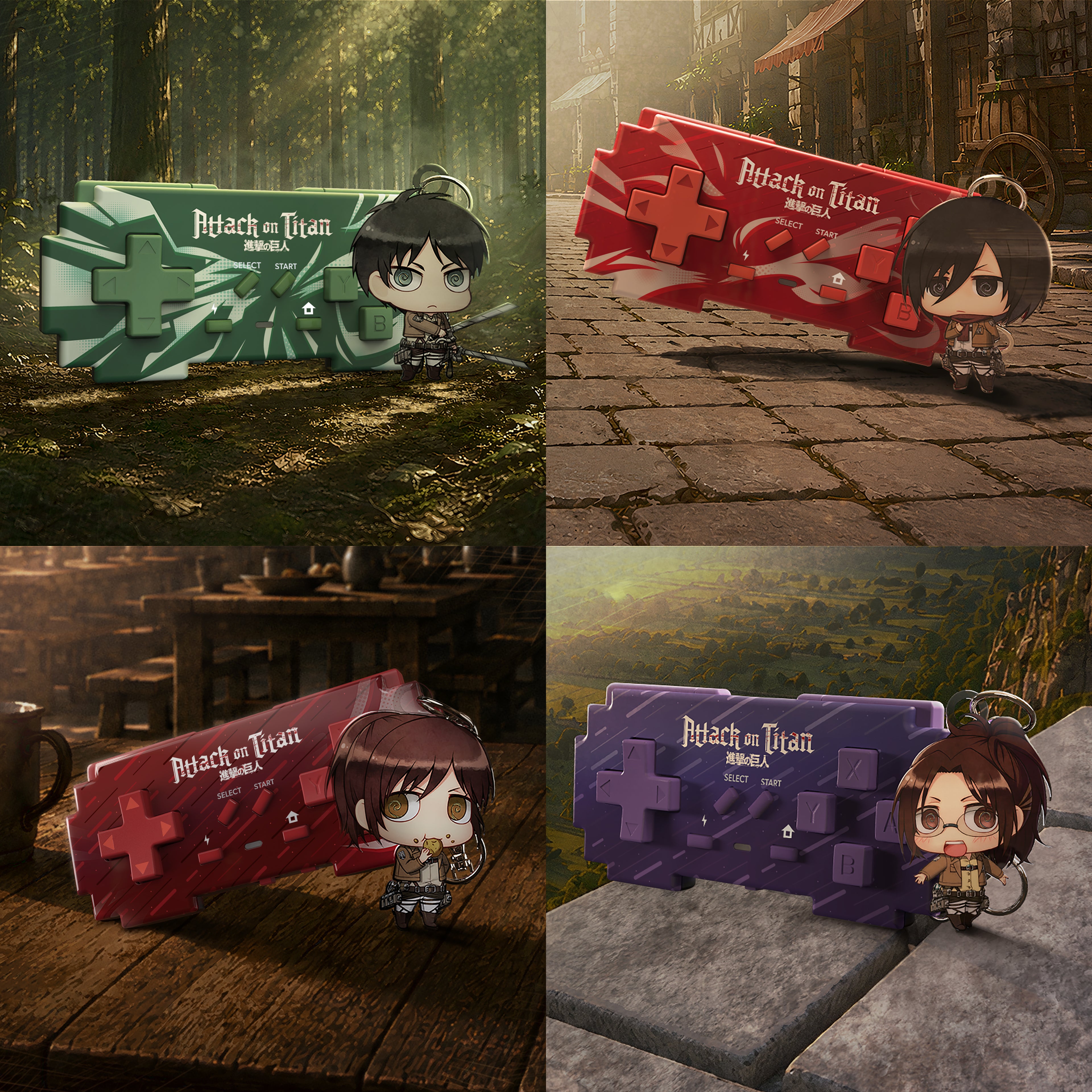Four-panel collage showing chibi-style Attack on Titan keychain figures with large matching weapon-shaped keychains in different colors, each placed in a themed outdoor and indoor scene. The keychains feature the Attack on Titan logo and character artwork.