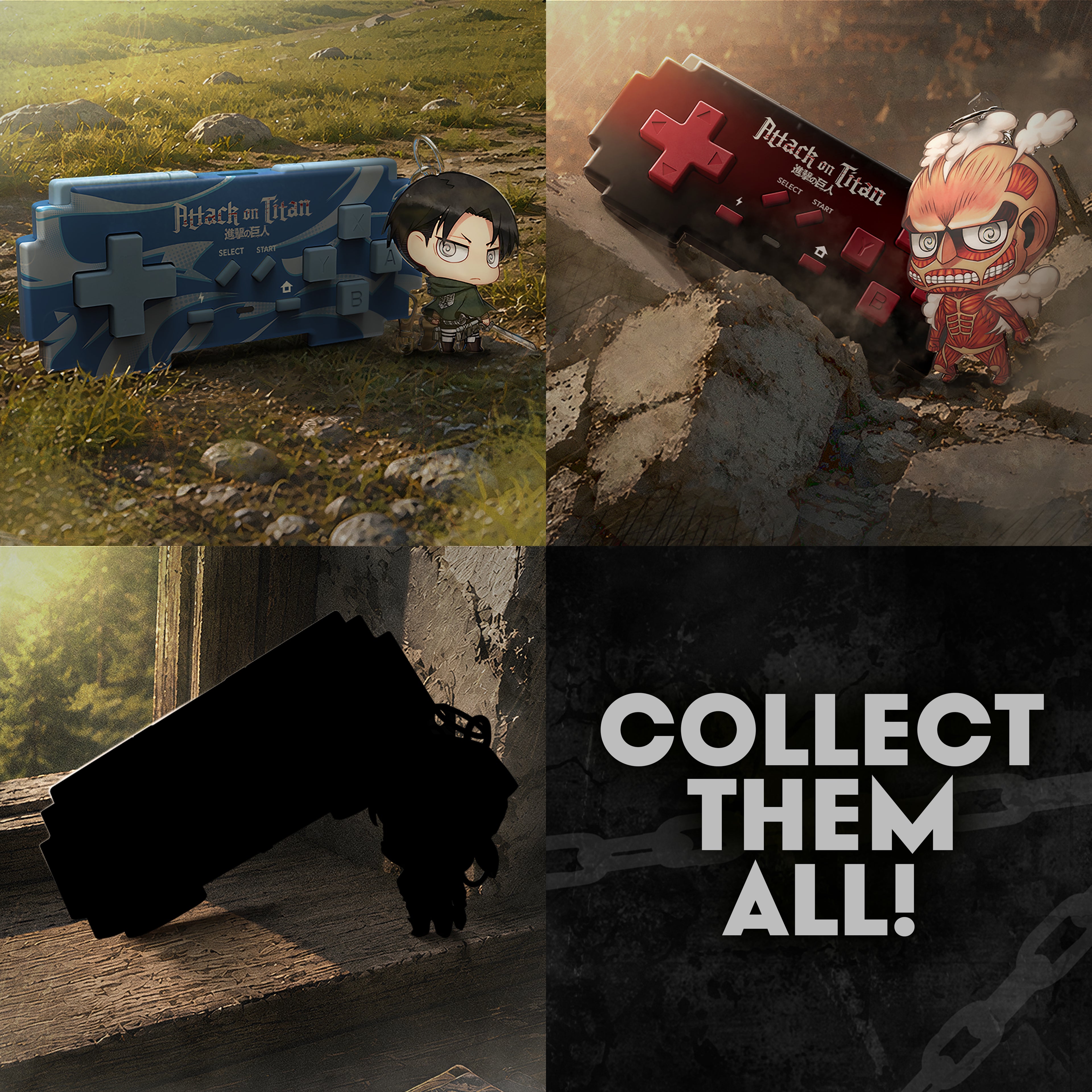 A four-panel promotional collage showing Attack on Titan themed collectible items: a blue camo chest with Levi, a red chest with Eren, a black chest with Mikasa, and a dark panel with the text 'COLLECT THEM ALL!'.