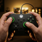 Hands holding a Drakong Challenger wired XBOX controller with precision analog sticks, ergonomic grip, and responsive controls for XBOX Series X|S, XBOX One, and Windows PC gaming
