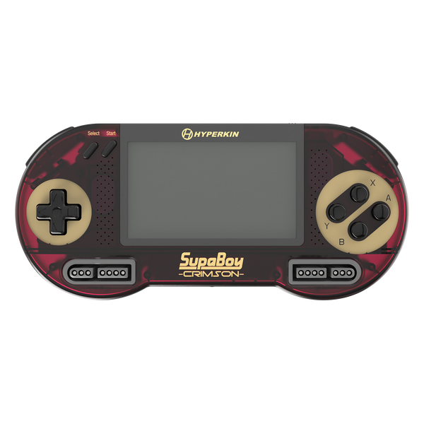 Hyperkin SuperBoy CM-051 'Crimson' handheld gaming console featuring a translucent red and black body with gold accents, a gray screen, and beige D-pad and AB buttons.