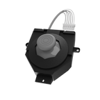 A black industrial rotary switch module with a gray textured knob and a white multi-pin connector wire, shown on a solid white background.