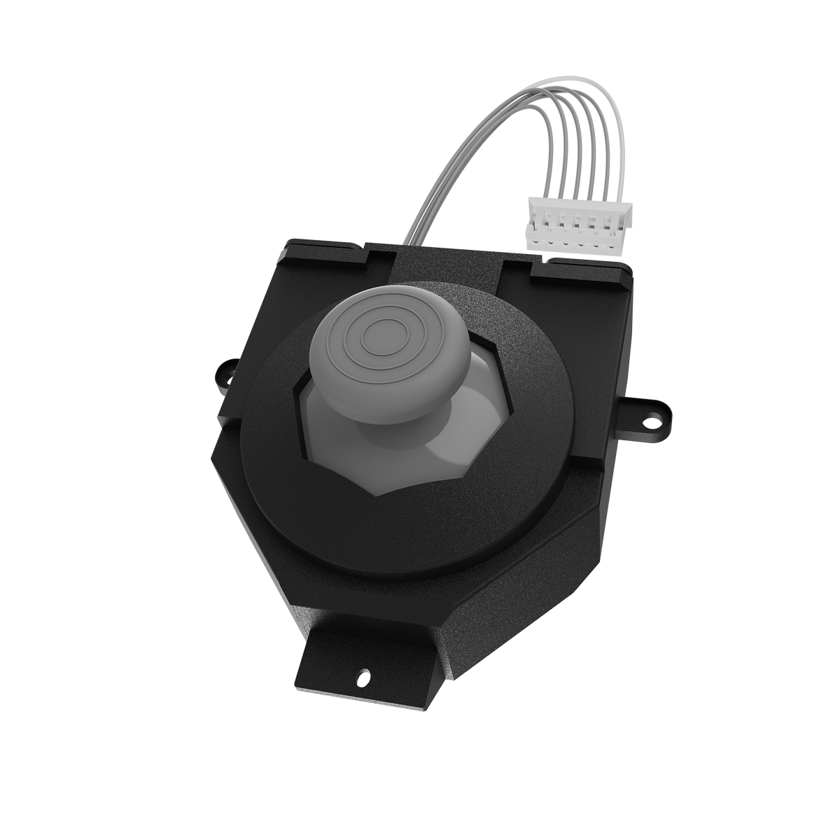 A black industrial rotary switch module with a gray textured knob and a white multi-pin connector wire, shown on a solid white background.