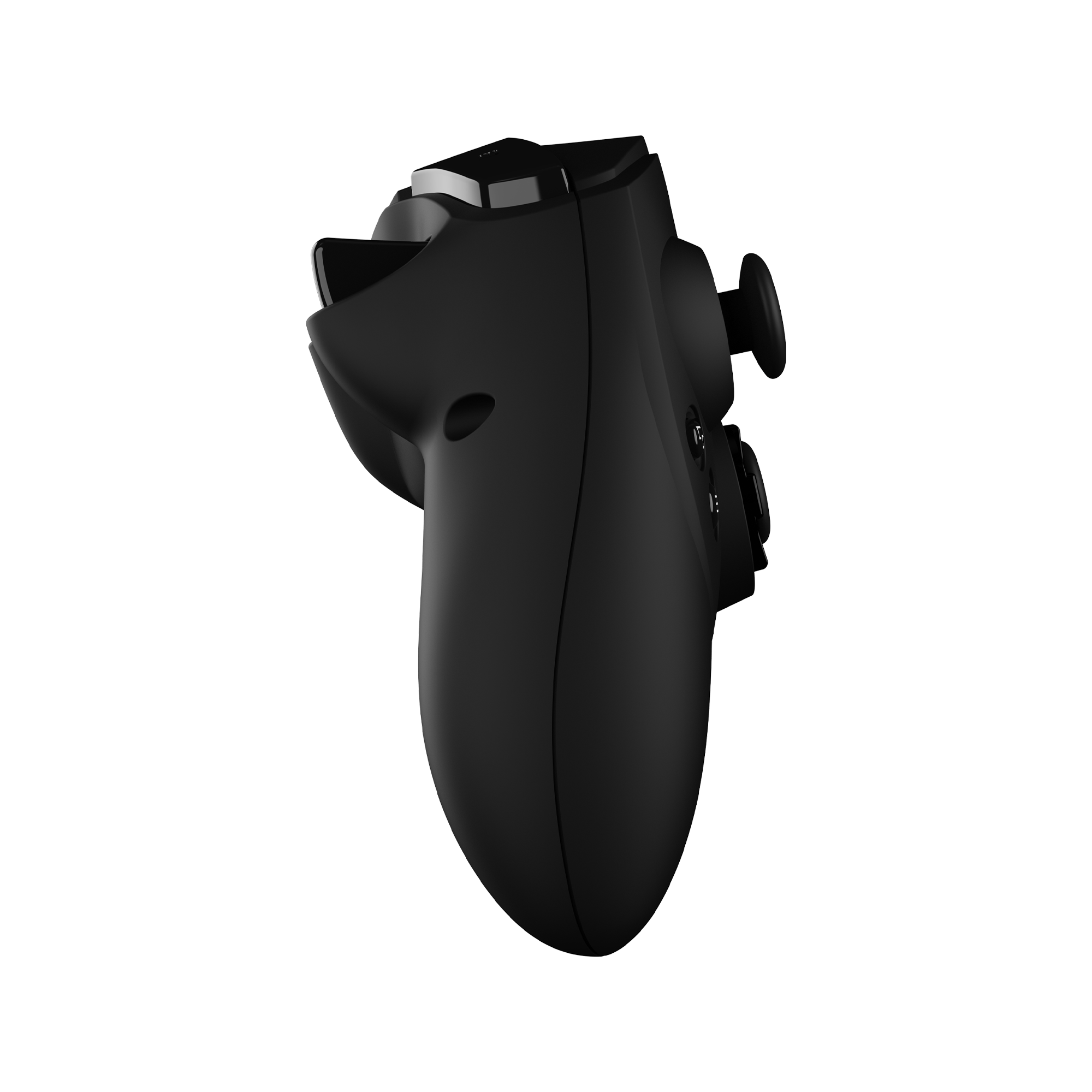 Black gaming controller on a white background