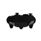 Black gaming controller on a white background