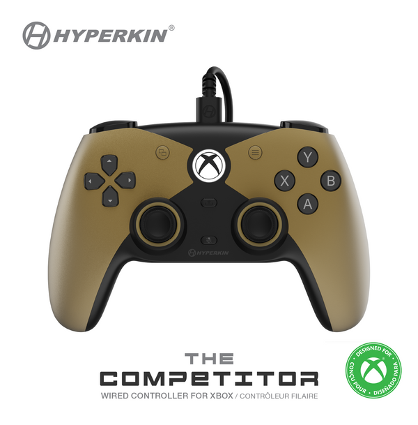 Gold and black Hyperkin “Competitor” wired Xbox controller with dual sticks, D-pad, ABXY buttons, and centered Xbox logo.