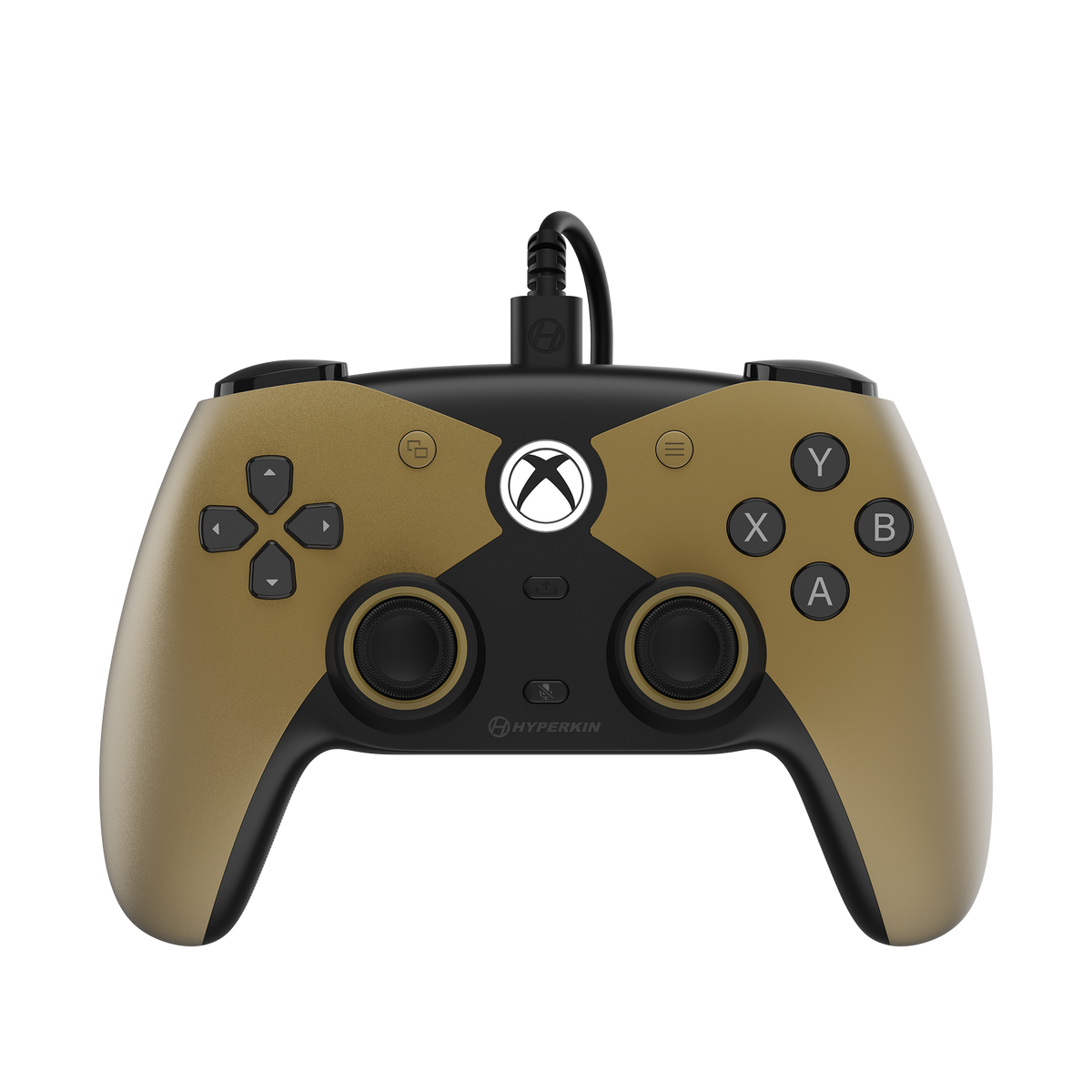 A wired Xbox controller in matte gold and black, featuring the Xbox logo on the center, with the text 'THE COMPETITOR' and 'WIRED CONTROLLER' below on a white background.