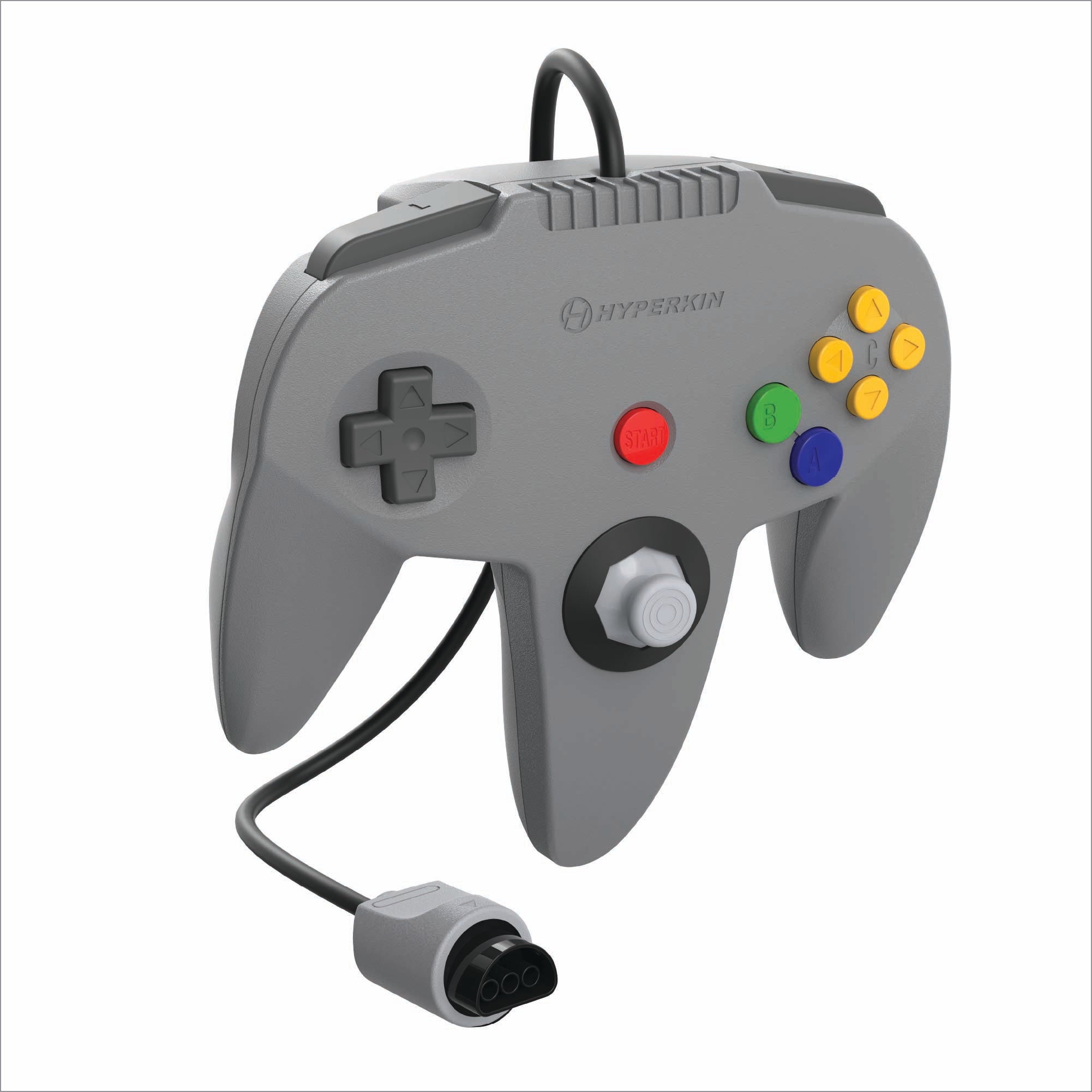 Gray gaming controller with colorful buttons on a white background