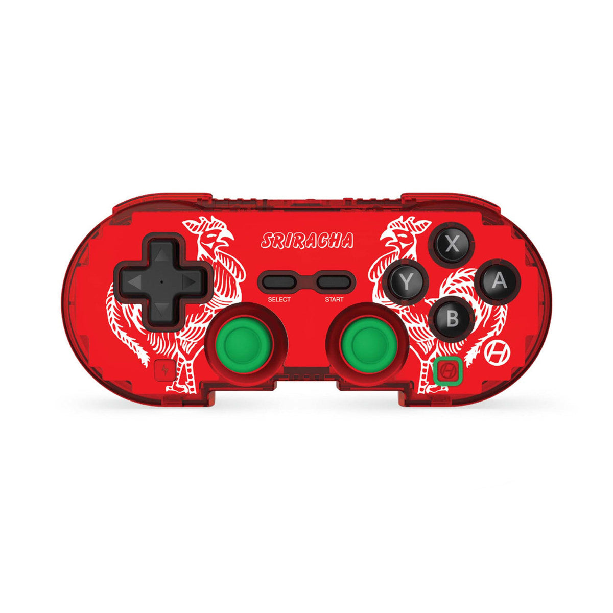 Red gaming controller with Sriracha branding on a white background