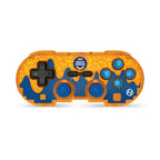 A retro-style wireless game controller with a translucent orange and blue design, featuring a black D-pad, blue analog sticks, and blue action buttons on a white background.