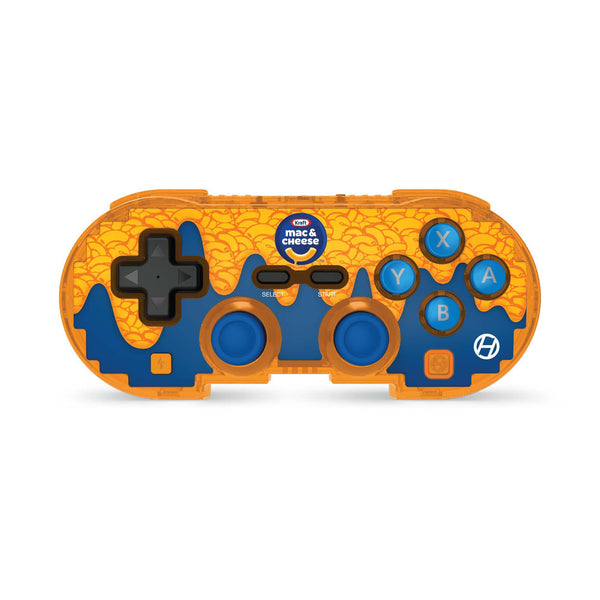 A retro-style wireless game controller with a translucent orange and blue design, featuring a black D-pad, blue analog sticks, and blue action buttons on a white background.