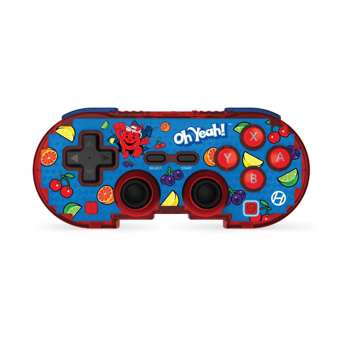 A game controller skin with a pixel art design featuring fruit characters on a blue background.