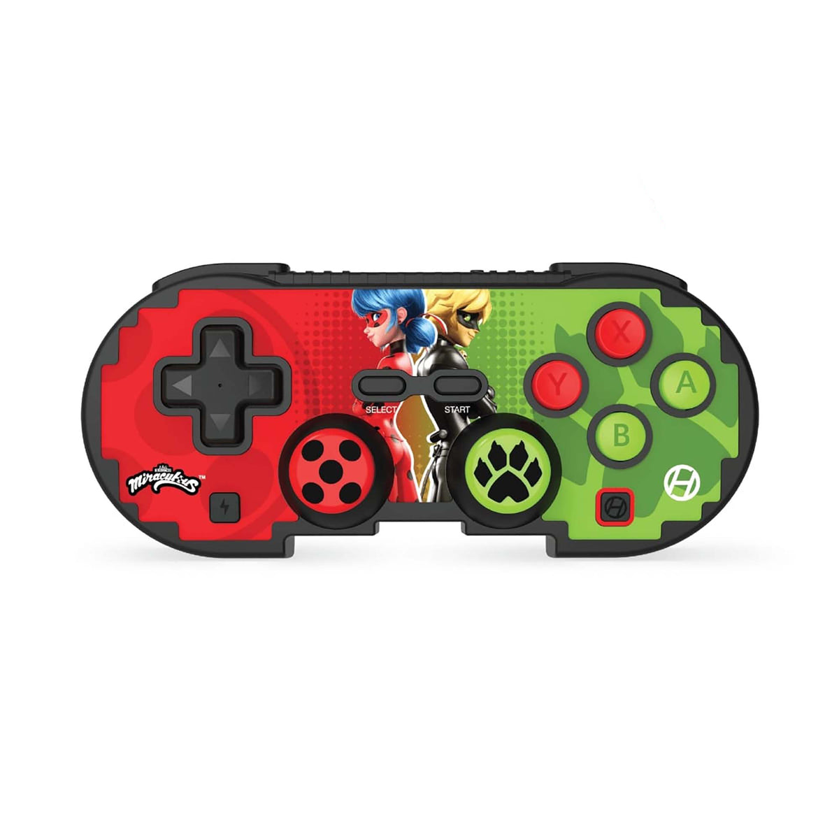 A colorful game controller with a design featuring Ladybug and Cat Noir characters from the 'Pixel Art' series.