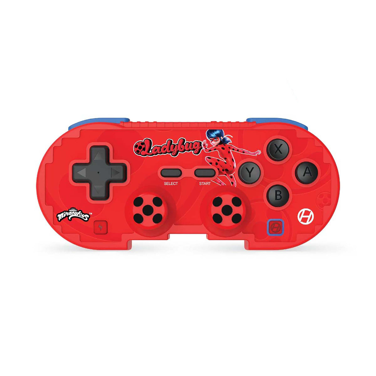 Red Hyperkin gaming controller with Miraculous Ladybug design, featuring character artwork, directional pad, and action buttons; ideal for themed retro gaming setups.