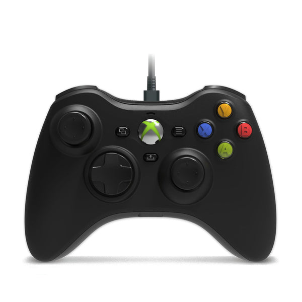 A black wired Xbox controller with the iconic green and silver Xbox logo in the center, featuring yellow, blue, red, and green action buttons, shown on a white background.