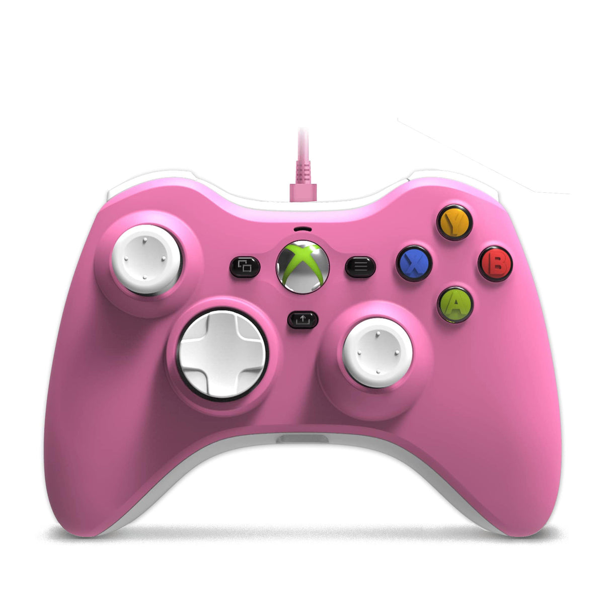 A pink Xbox wireless controller with white buttons and a pink cable, shown against a plain white background.