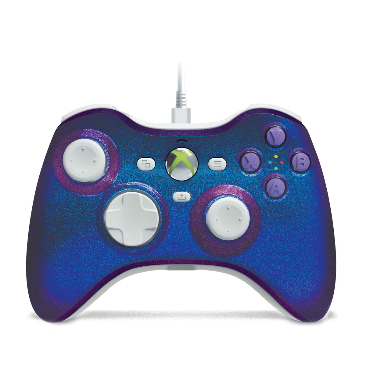 A wired Xbox-style game controller with a blue and purple glitter finish, white buttons and joysticks, and a white cable extending upward, shown on a plain white background.