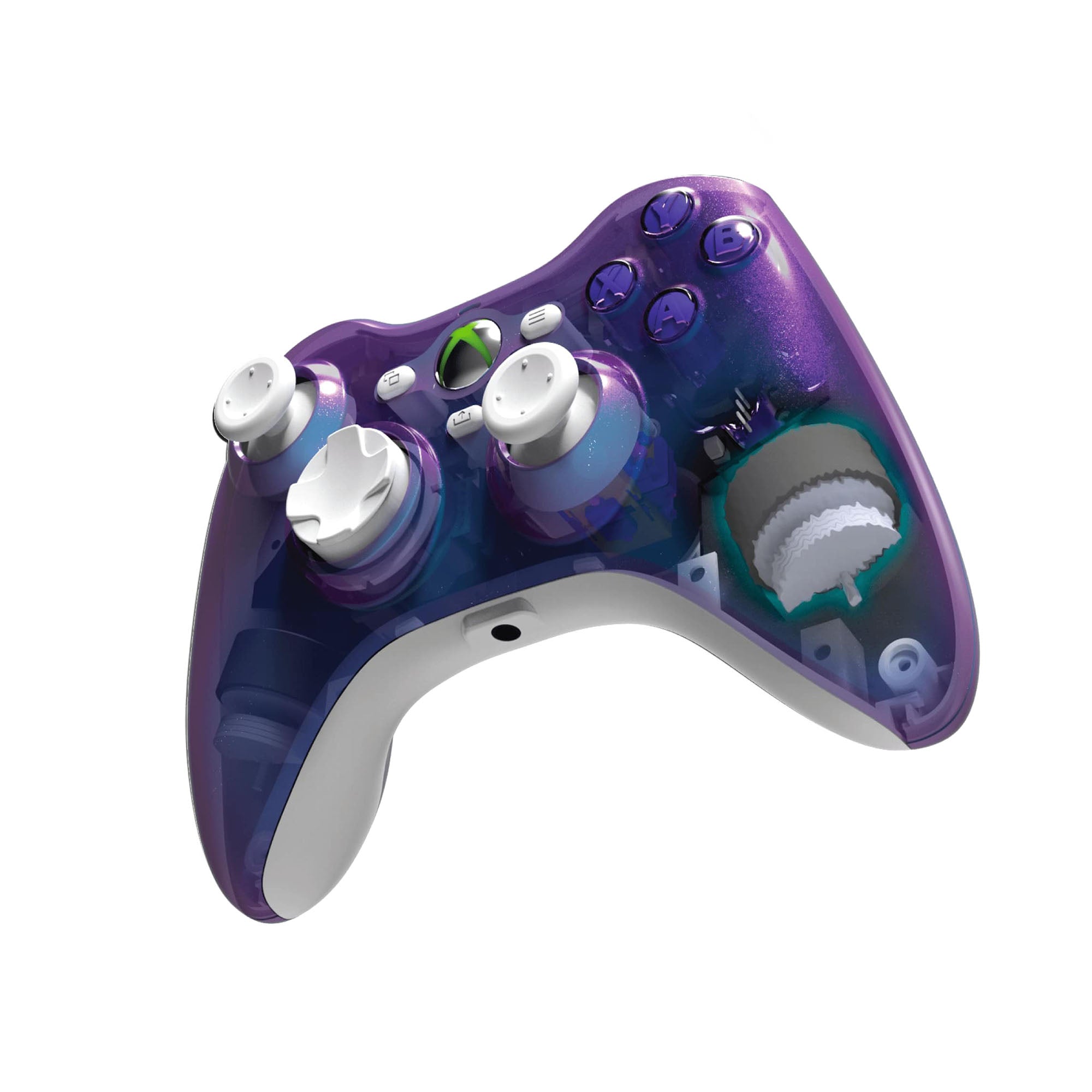 A translucent purple and blue galaxy-patterned Xbox-style game controller with white buttons and thumbsticks, shown on a plain white background.