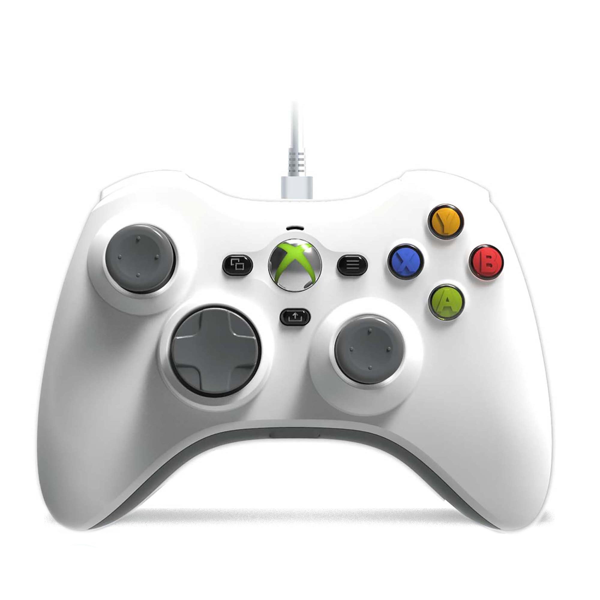 A white Xbox wireless controller with a wired connection, featuring gray analog sticks, a directional pad, and colored action buttons on a white background.