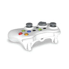 A white Xbox 360 wireless controller with gray analog sticks and colored buttons, shown on a clean white background.