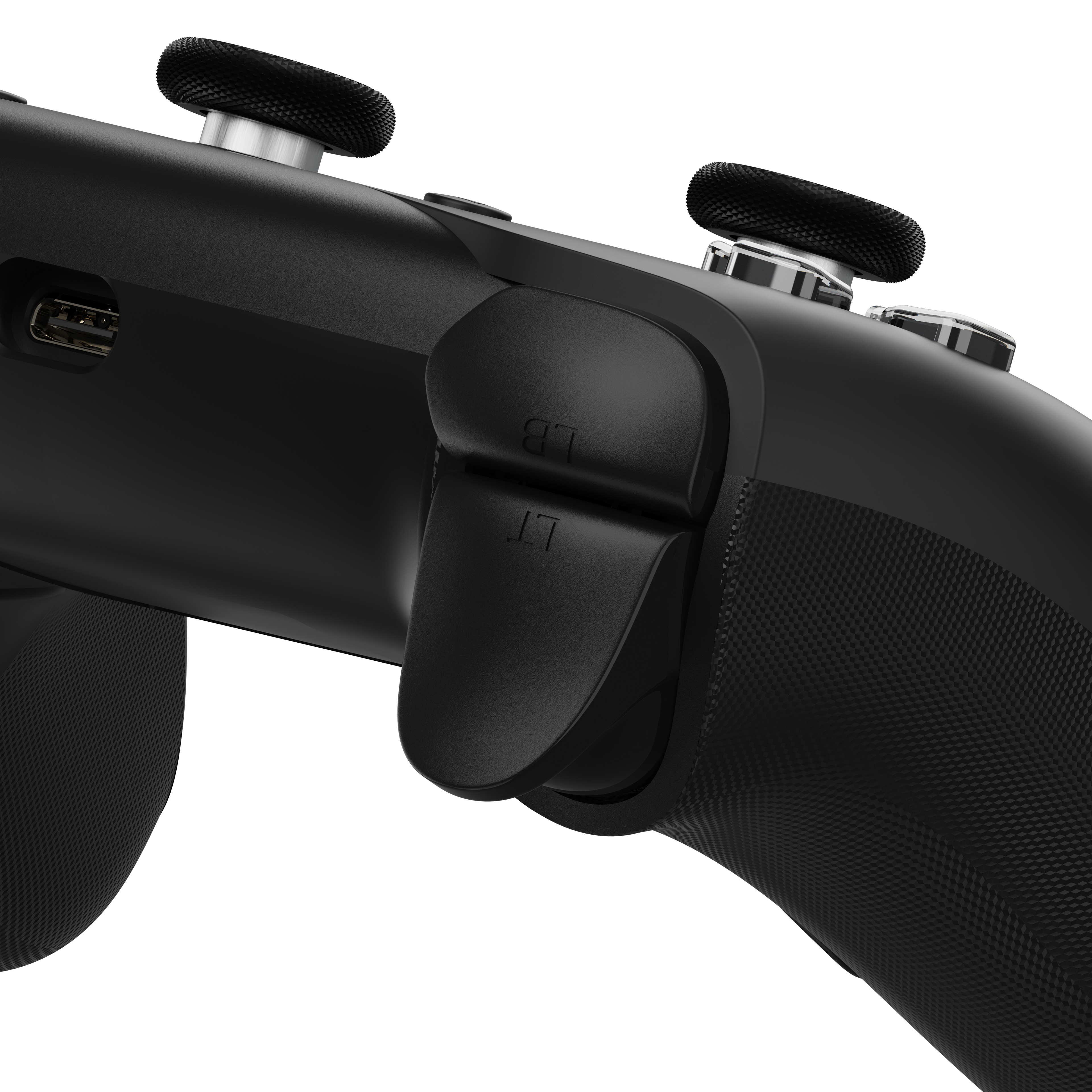 Close-up of a black gaming controller on a white background