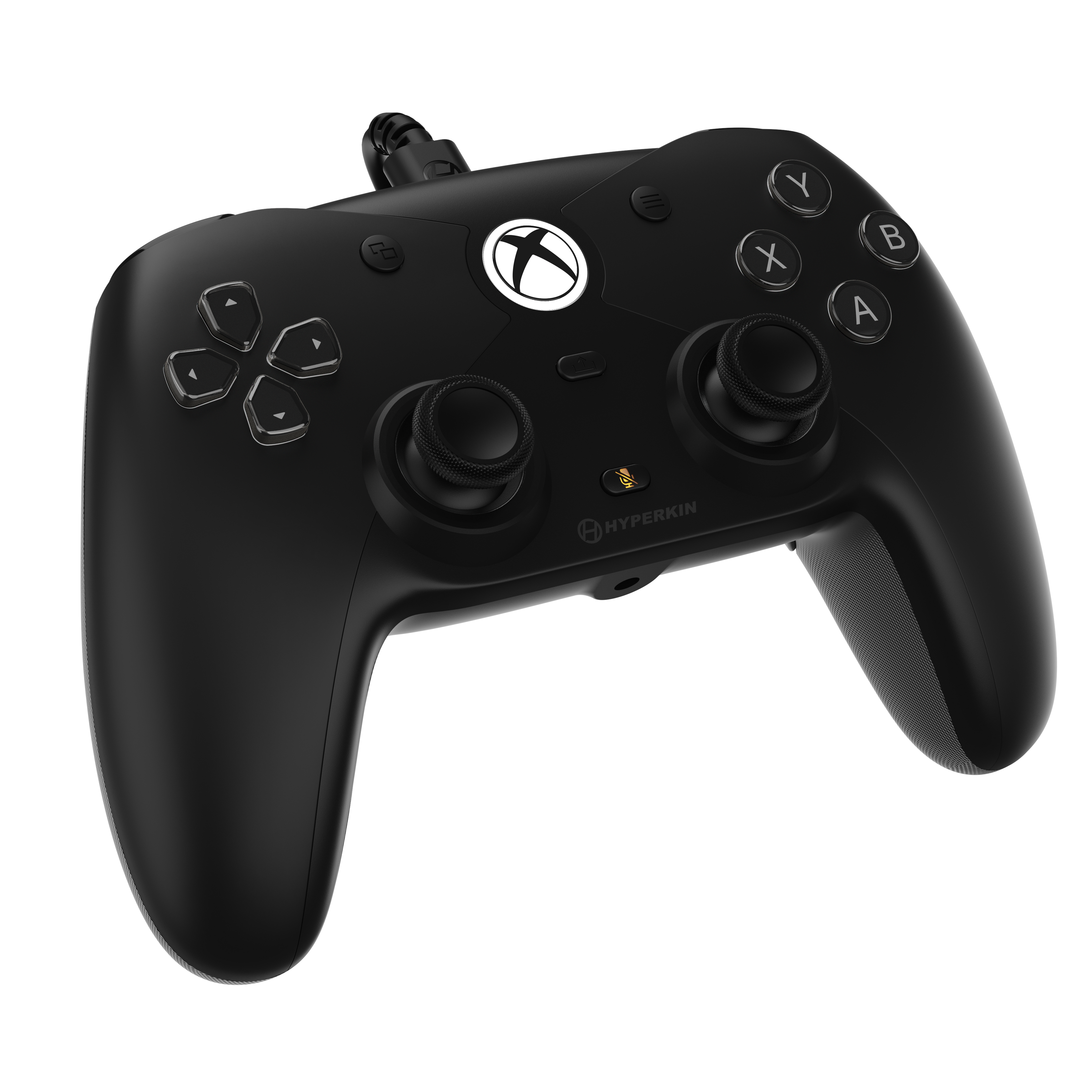 Black gaming controller with Xbox logo on a white background
