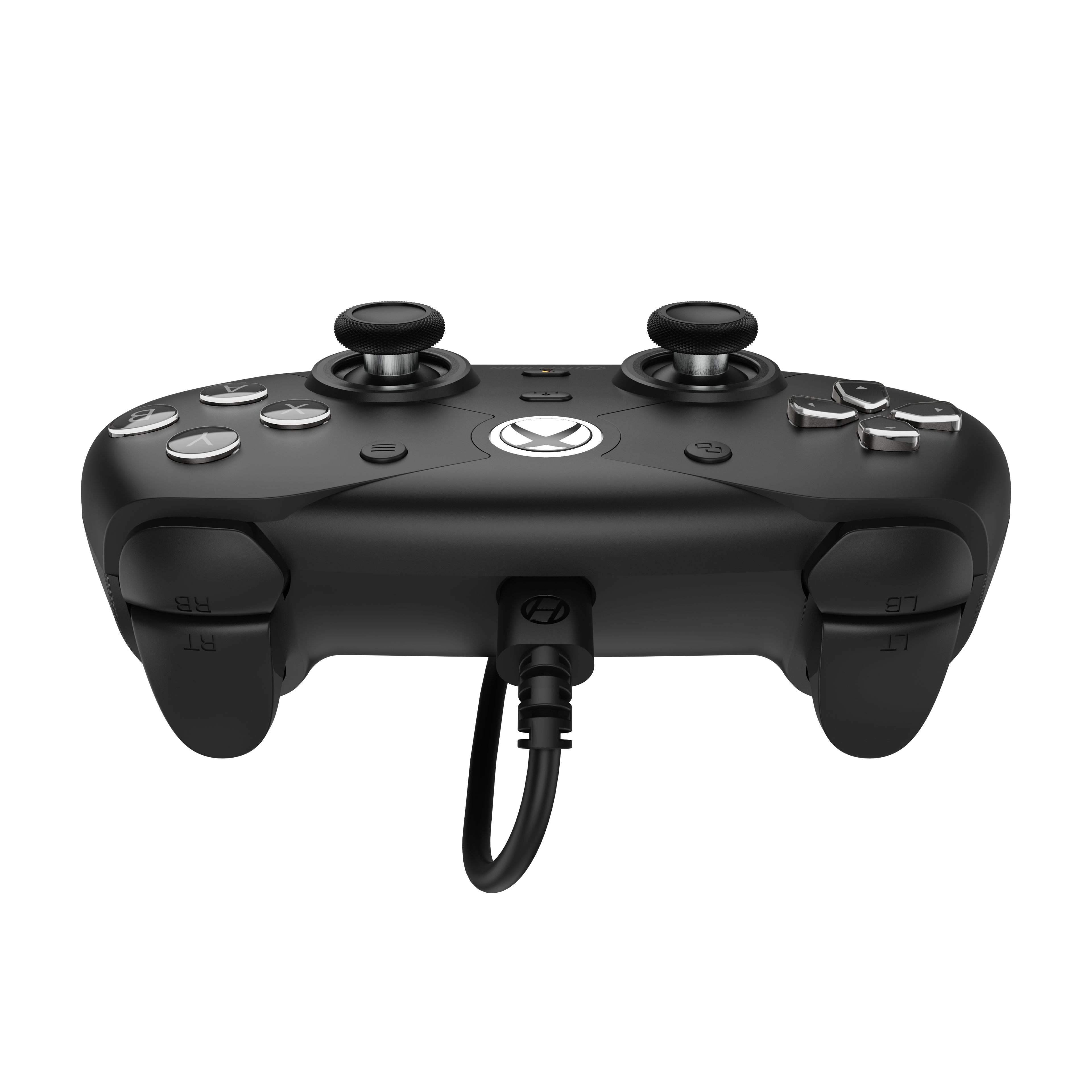 Black gaming controller with buttons and joystick on a white background