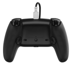 Black gaming controller with a cable on a white background