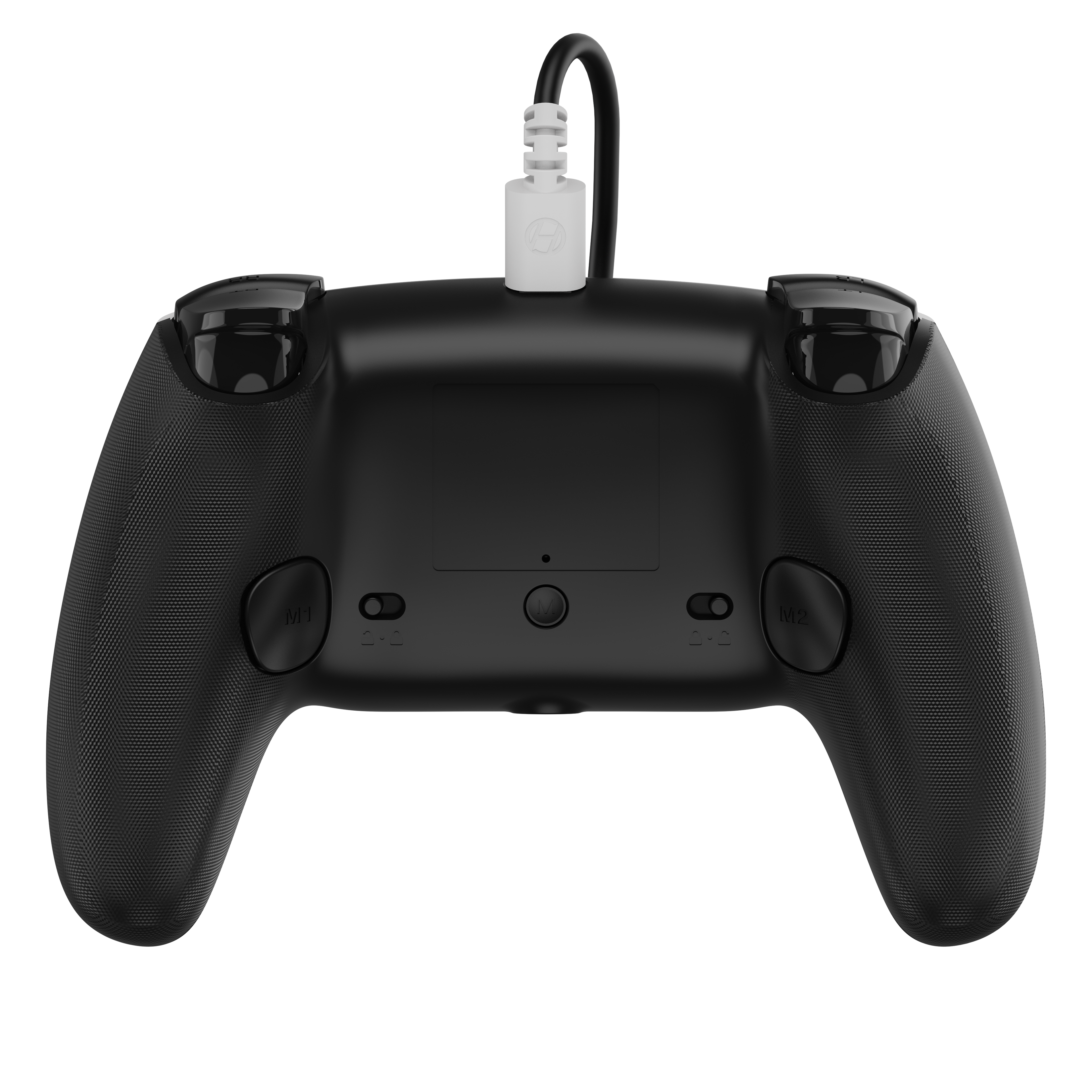 Black gaming controller with a cable on a white background