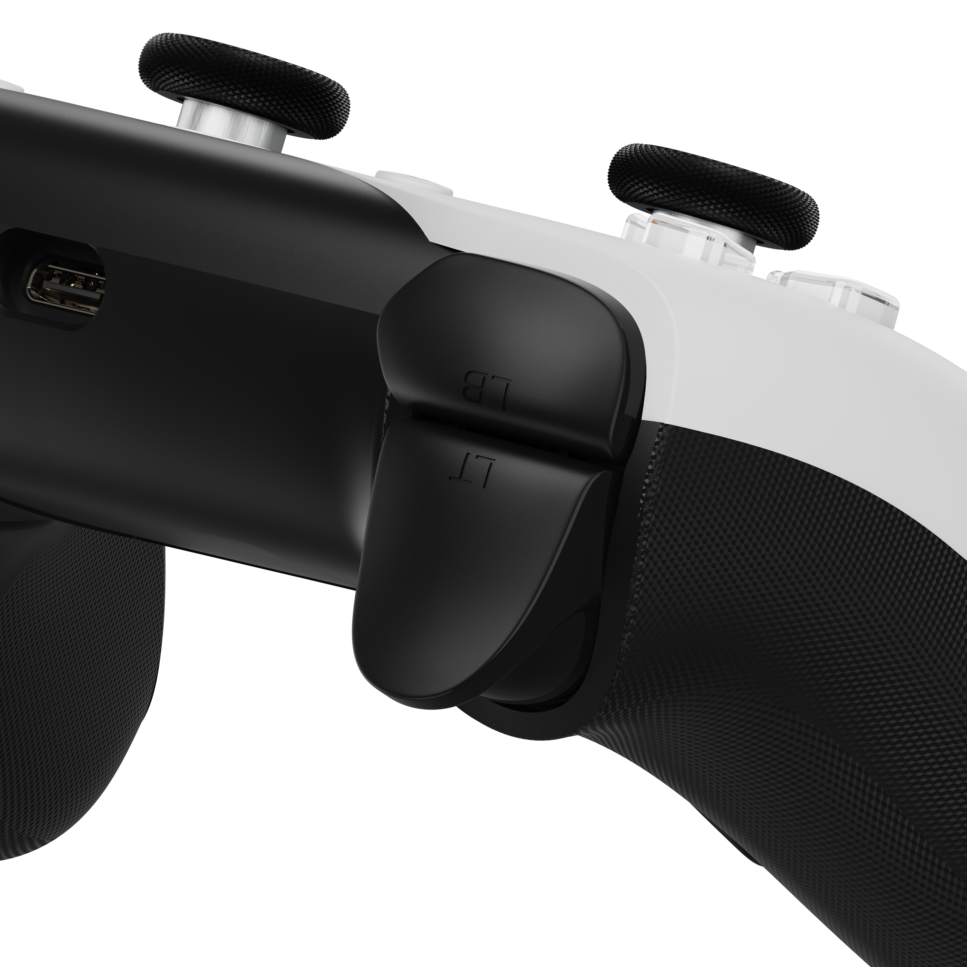 Close-up of a gaming controller with black and white design on a white background