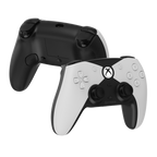 Black and white gaming controllers with Xbox logo on a white background