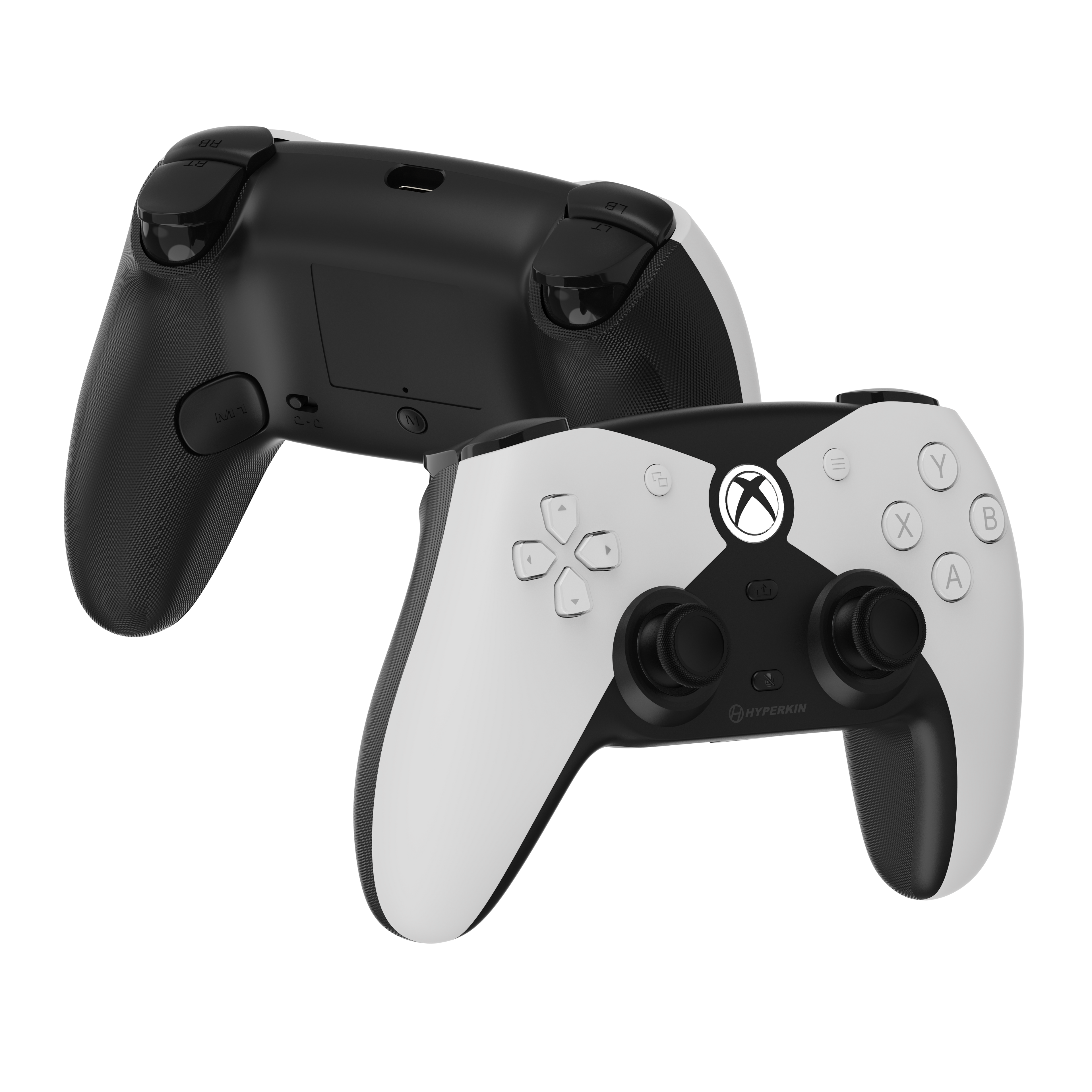 Black and white gaming controllers with Xbox logo on a white background